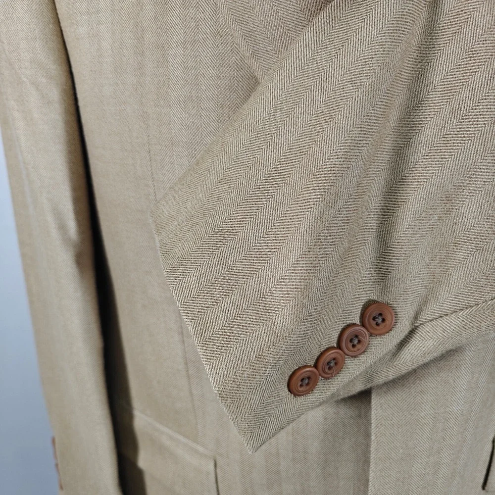 Kasper Men's Sport Coat Blazer‎ Two Button Beige Herringbone Silk Wool Size 44L